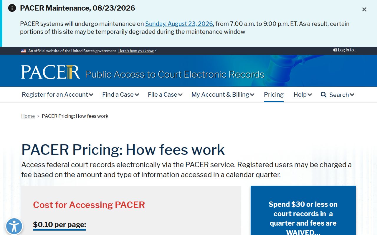 Official PACER pricing information for federal court records