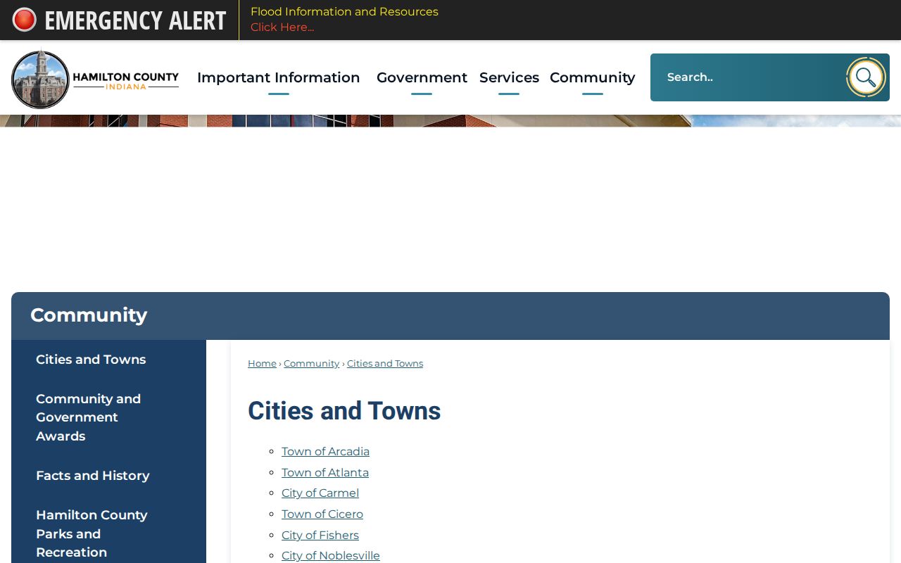 Hamilton County official cities and towns page listing Cicero