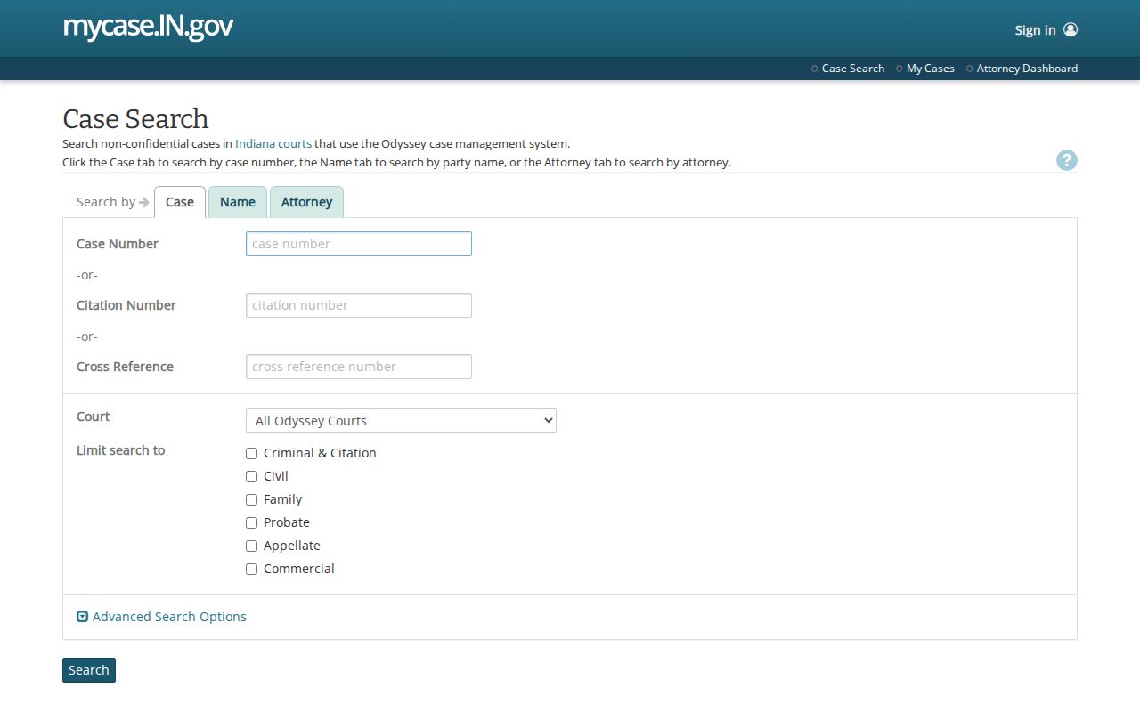 Indiana MyCase public access landing page