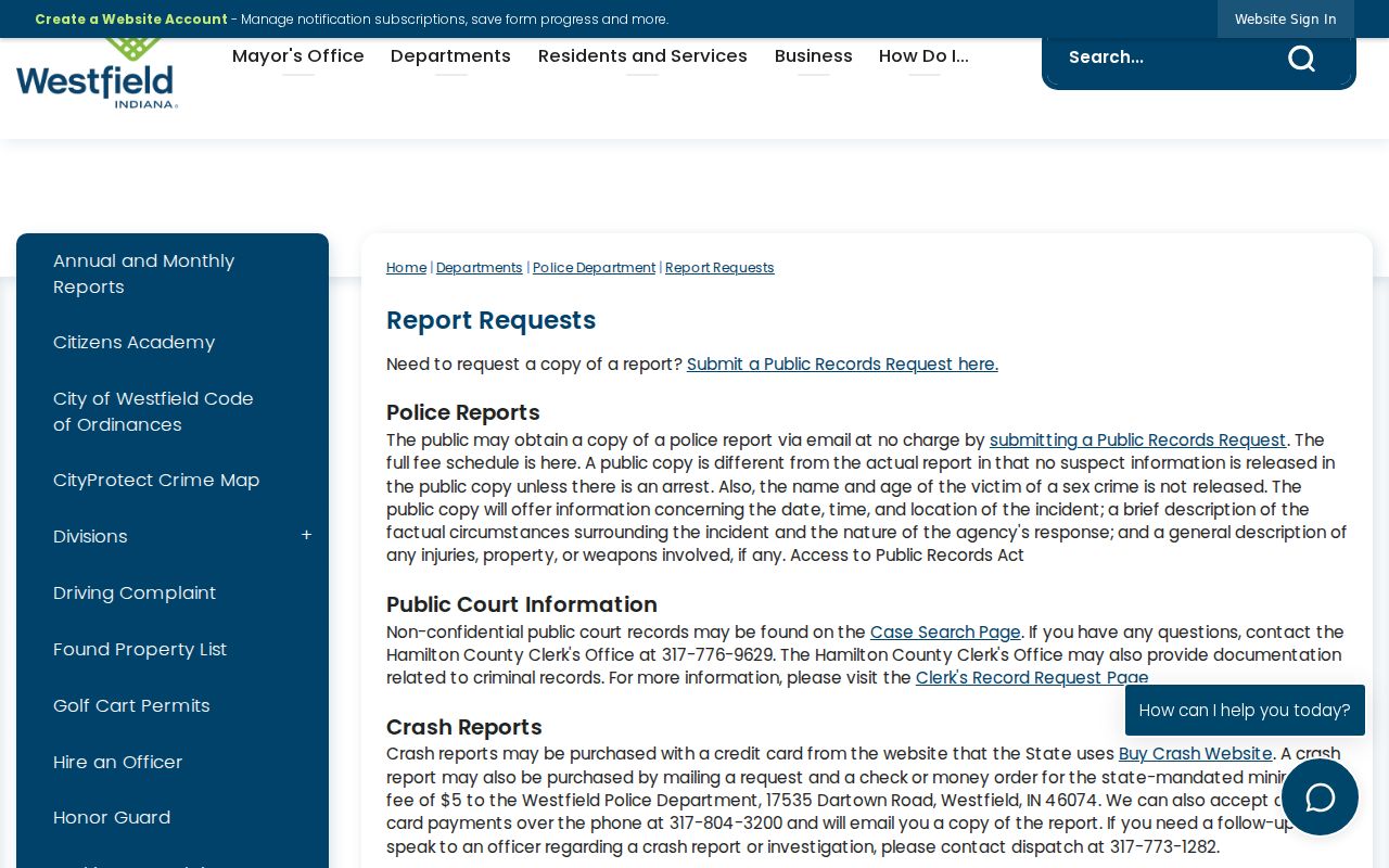 Official Westfield report request and court record routing page