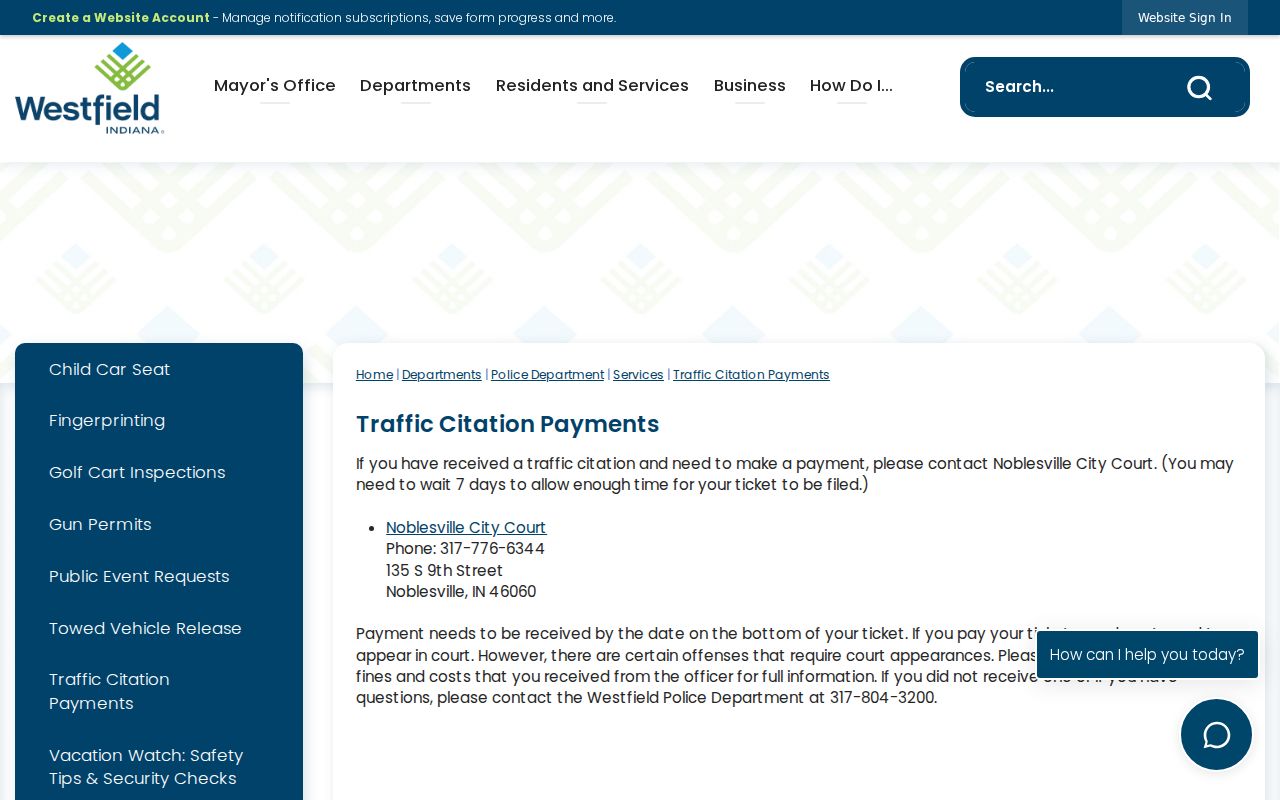 Official Westfield traffic citation routing page